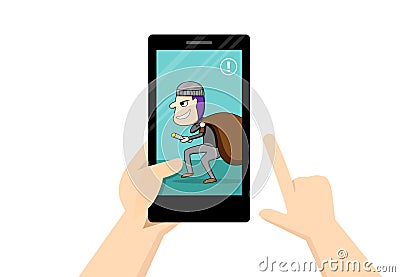 Man look at smartphone that show theif in his home Vector Illustration