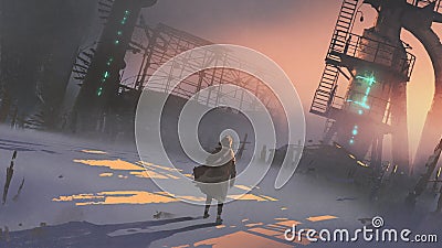 Man looking at abandoned factory Cartoon Illustration