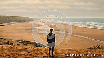 Man Looking At Beach In Traditional British Landscape Style Stock Photo