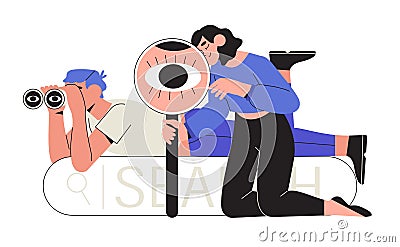 Man looking through binoculars and a woman through magnifying glass or loupe. Business metaphore for web search Stock Photo