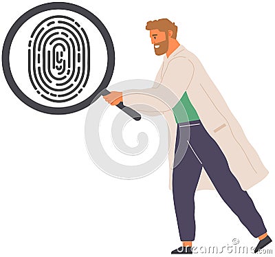 Man looking at inger print with search loupe. Scientist with magnifying glass examines evidence Vector Illustration