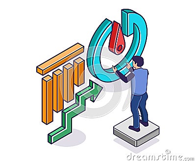 Man looking at data analyst needle Cartoon Illustration