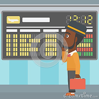 Man looking at departure board in the airport. Vector Illustration