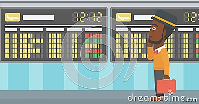 Man looking at departure board in the airport. Vector Illustration