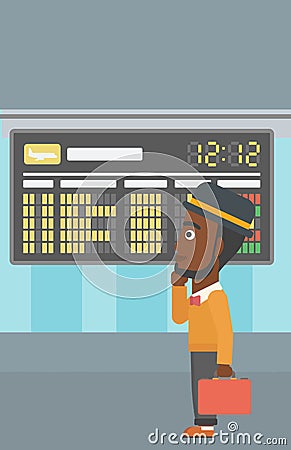 Man looking at departure board in the airport. Vector Illustration