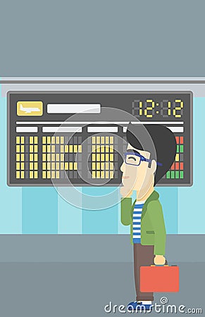 Man looking at departure board in the airport. Vector Illustration