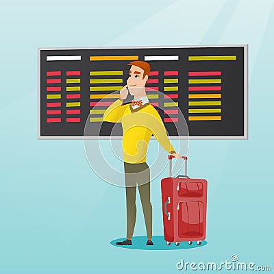 Man looking at departure board at the airport. Vector Illustration