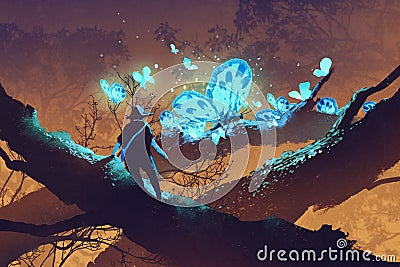 Man looking at giant blue butterflies resting on tree branch Cartoon Illustration