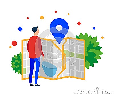 Man looking at a map of the city. Vector Illustration