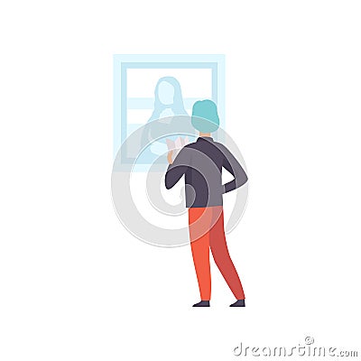 Man looking at Mona Lisa painting hanging on the wall, male exhibition visitor viewing museum exhibit at art gallery Vector Illustration