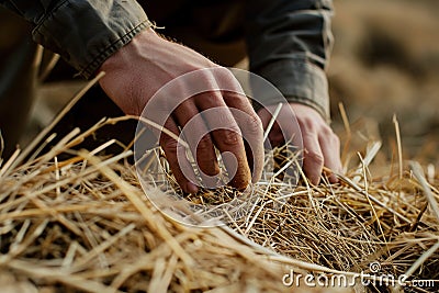 A man is looking for a needle in a haystack. Generative AI Stock Photo