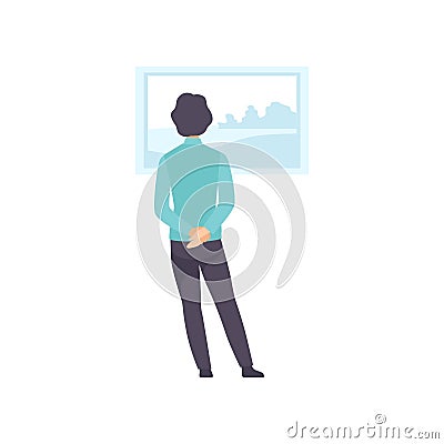 Man looking at the painting hanging on the wall, exhibition visitor viewing museum exhibit at art gallery, back view Vector Illustration