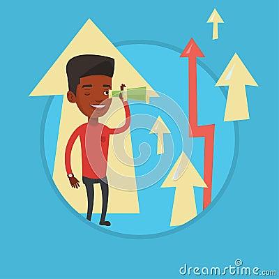 Man looking through spyglass on raising arrows. Vector Illustration