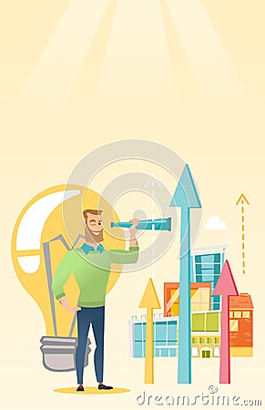 Man looking through spyglass on raising arrows. Vector Illustration