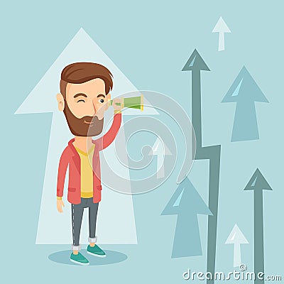 Man looking through spyglass on raising arrows. Vector Illustration