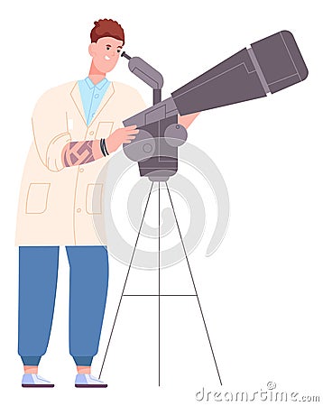 Man looking in telescope. Astronomy research. Scientist character Vector Illustration