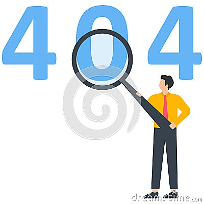 Man looking at website messages through magnifying glass and question marks. Concept of error 404, page not found Vector Illustration