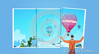 Man Looking In Window At Colorful Air Balloons Flying In Winter Sky Vector Illustration