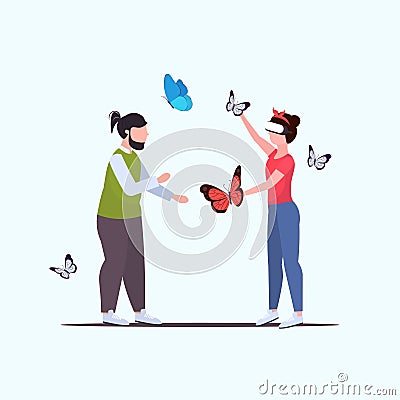 Man looking at woman wearing digital glasses girl touching vr flying butterfly from smartphone screen headset vision Vector Illustration