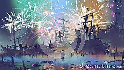 Man looking at wreck ships and fireworks Cartoon Illustration