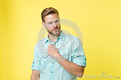 Man looks attractive casual linen blue shirt. Guy bristle undress casual shirt. Fashion concept. Man calm serious face Stock Photo