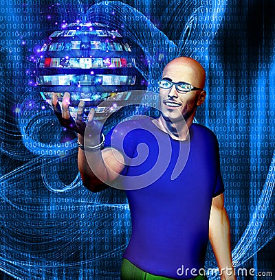 Man looks at many image sphere with binary code Stock Photo