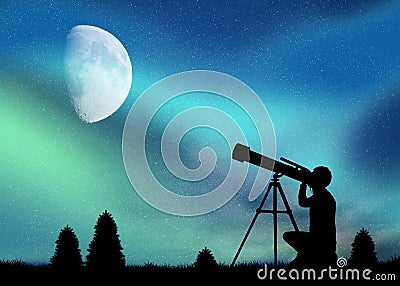 Man looks at the Northern Lights with the telescope Stock Photo