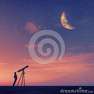 Man looks through a telescope Cartoon Illustration