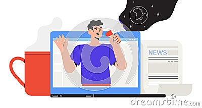 Man with loud speaker share latest or hot news online on laptop screen Vector Illustration