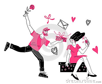 Man in love giving present to woman, cartoon doodle style vector illustration isolated Vector Illustration