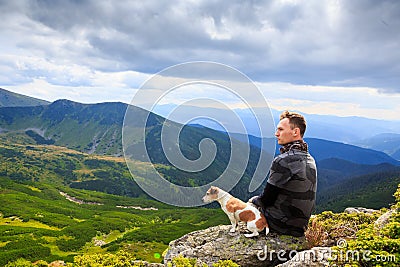 Man and loyal friend dog look side Stock Photo