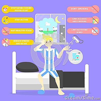 Man lying on bed, counting sheep, health care sleepless insomnia infographic concept Vector Illustration