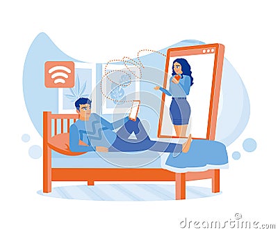 Man lying in bed using a smartphone to select photos of beautiful girls on online dating site. Online Dating concept. Vector Illustration