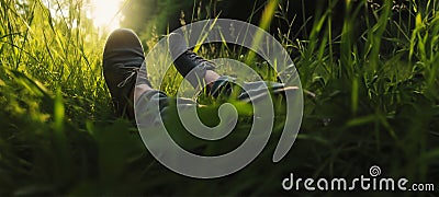 A man is lying in the grass, under trees or thick foilage, bushes. Relaxing, enjoying the scilence of the nature. Stock Photo