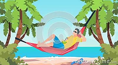 Man Lying In Hammock Beach Vacation Vector Illustration