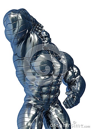 Man made of steel doing a bodybuilder pose number eight close up in a white background Cartoon Illustration