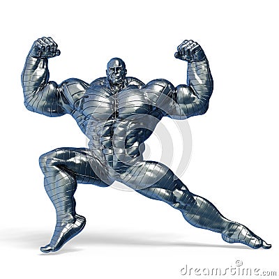 Man made of steel doing a bodybuilder pose number eleven in a white background Cartoon Illustration