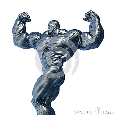 Man made of steel doing a bodybuilder pose number fifteen in a white background Cartoon Illustration