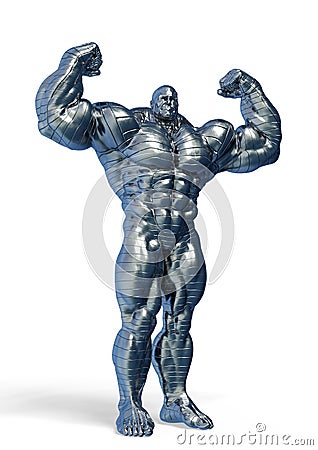 Man made of steel doing a bodybuilder pose number five in a white background Cartoon Illustration