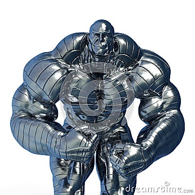 Man made of steel doing a bodybuilder pose number four in a white background close up Cartoon Illustration