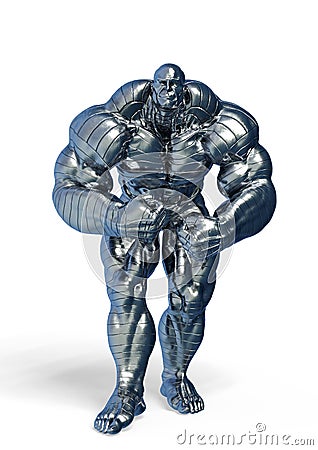 Man made of steel doing a bodybuilder pose number four in a white background Cartoon Illustration