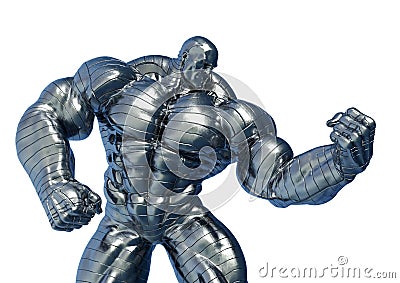 Man made of steel doing a bodybuilder pose number fourteen in a white background Cartoon Illustration