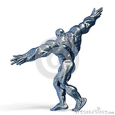 Man made of steel doing a bodybuilder pose number seven in a white background Cartoon Illustration