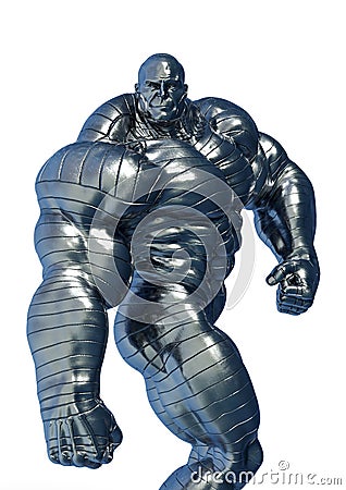 Man made of steel doing a bodybuilder pose number ten close up in a white background Cartoon Illustration