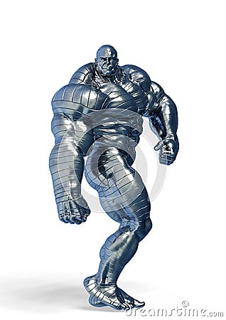 Man made of steel doing a bodybuilder pose number ten in a white background Cartoon Illustration