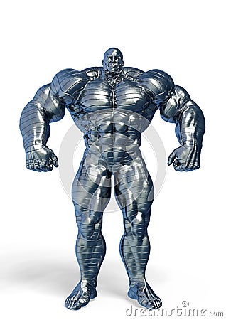 Man made of steel doing a bodybuilder pose number three in a white background Cartoon Illustration