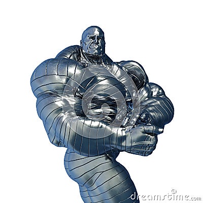 Man made of steel doing a bodybuilder pose number two in a white background Cartoon Illustration