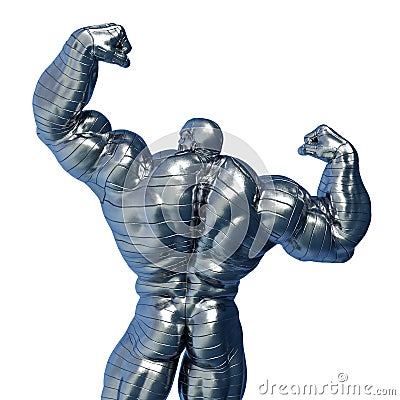 Man made of steel doing a bodybuilder pose rear ou back view in a white background close up view Cartoon Illustration