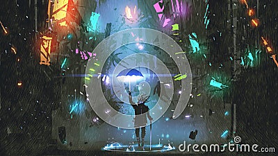 Man with a magic umbrella destroying the city Cartoon Illustration