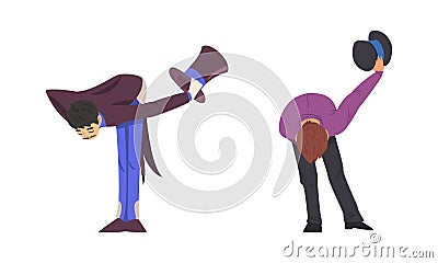 Man Magician with Top Hat Performing Different Magic Tricks on Stage Bowing to the Audience Vector Set Vector Illustration